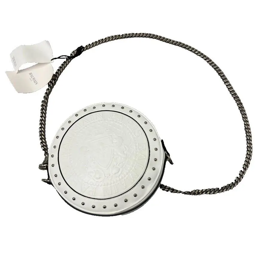 Balmain Disco Leather Circle Crossbody Shoulder Bag White Small Chainlink Strap