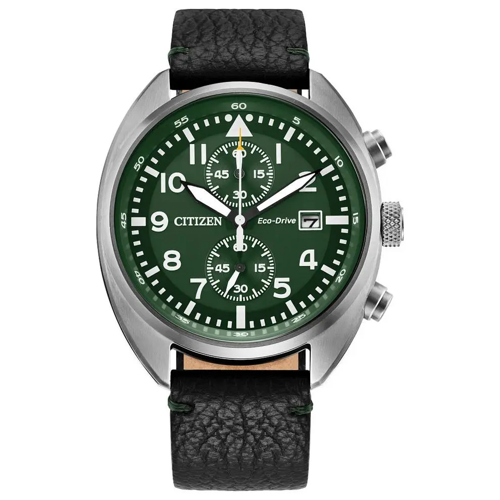Citizen Sport Casual Eco-drive Chronograph Green Dial Mens Watch CA7041-07X - Dial: Green, Band: Black, Bezel: Green, Silver