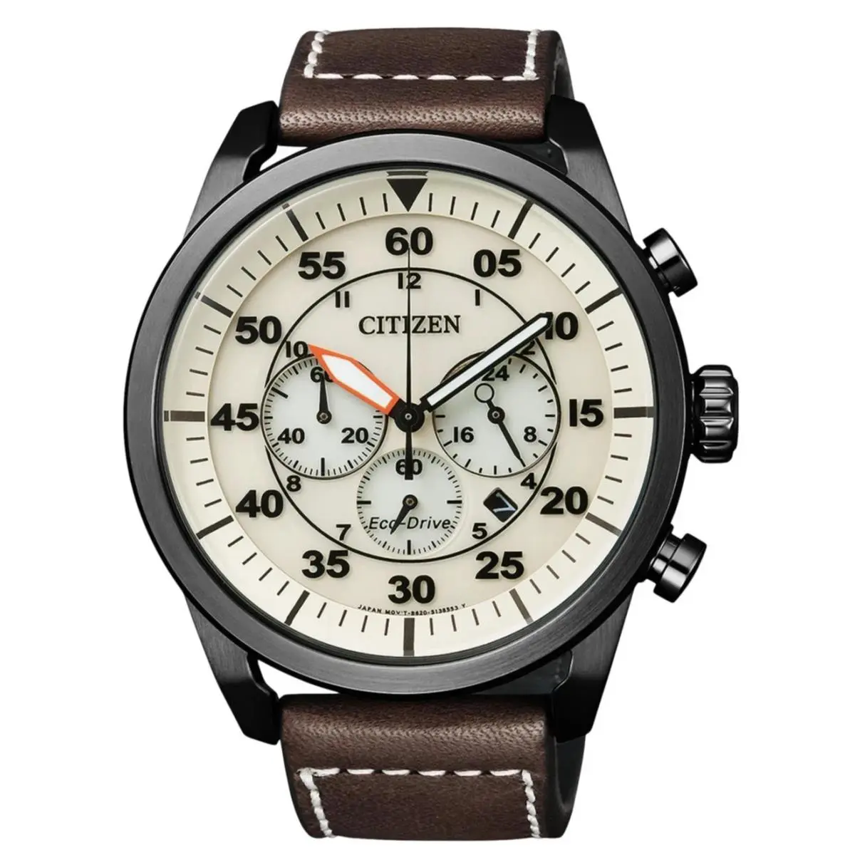 Eco-drive Avion Chronograph Beige Dial Leather Mens Watch CA4215-04W by Citizen