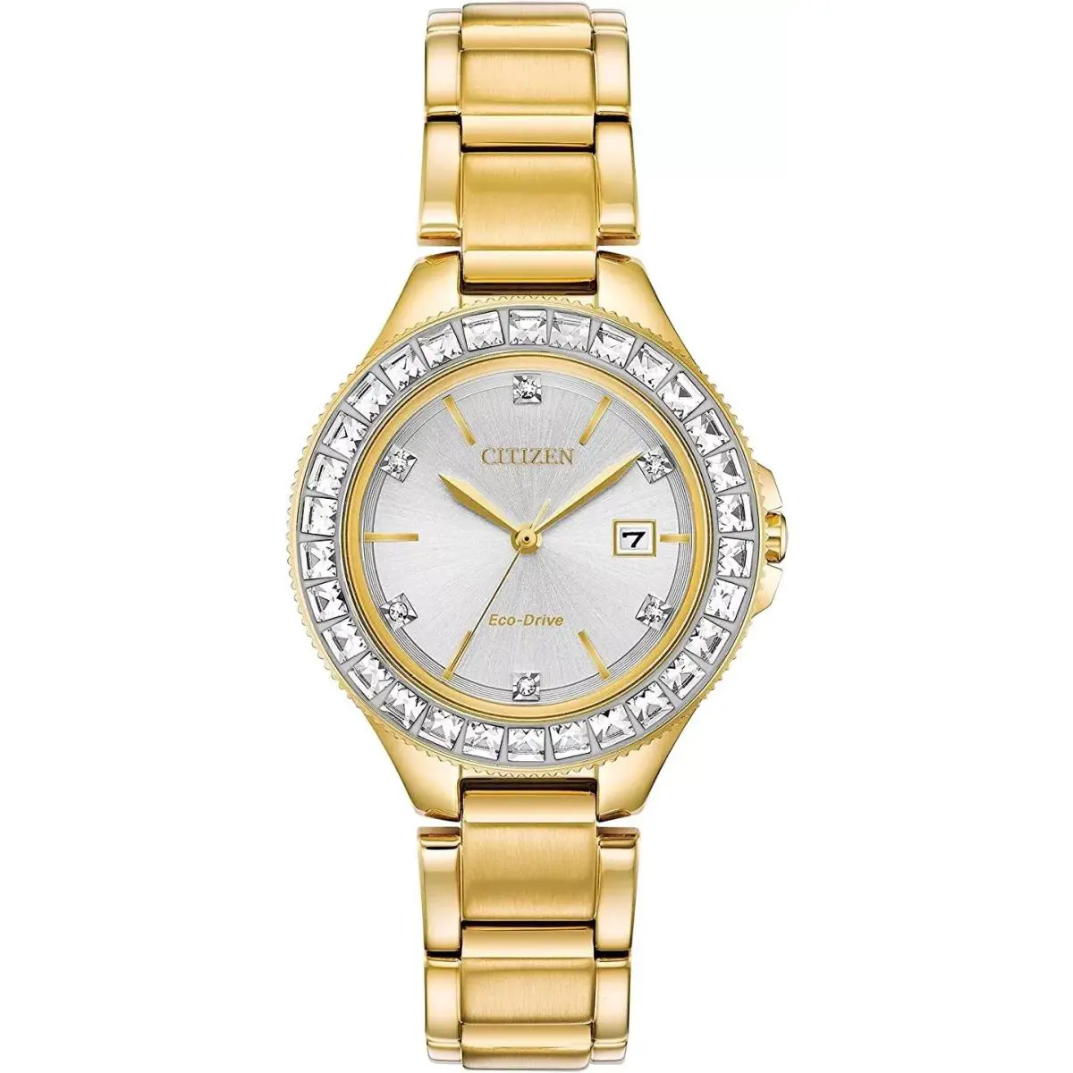 Citizen FE1192-58A Eco-drive Silhouette Crystal Bezel Gold Tone Women`s Watch - Dial: Silver, Band: Gold, Bezel: Gold