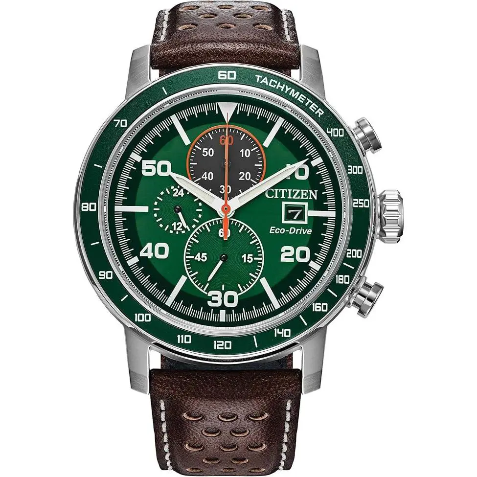 Citizen Eco Drive Brycen Chronograph Green Dial Brown Leather Watch CA0851-05