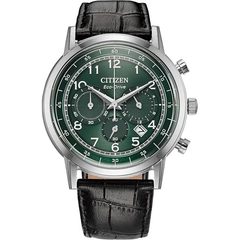 Citizen Eco Drive Man`s Chronograph Green Dial Leather 42MM Watch CA4630-02X