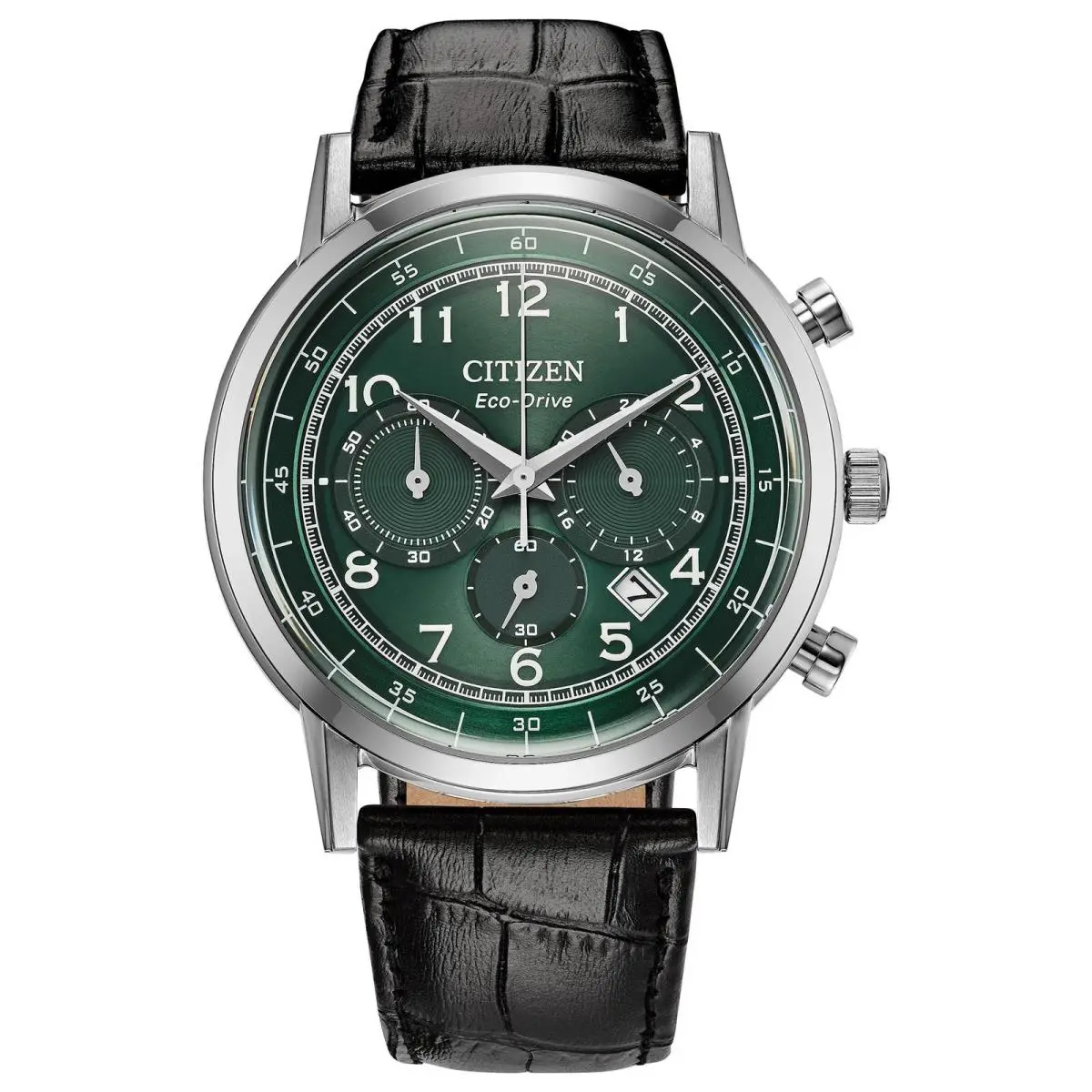 Men`s Eco-drive Classic 43mm Black Leather Strap Green Dial by Citizen