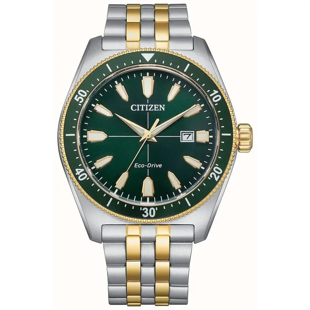 Citizen Eco Drive Man`s Two Tone Green Dial Luxury Style Watch AW1594-89X