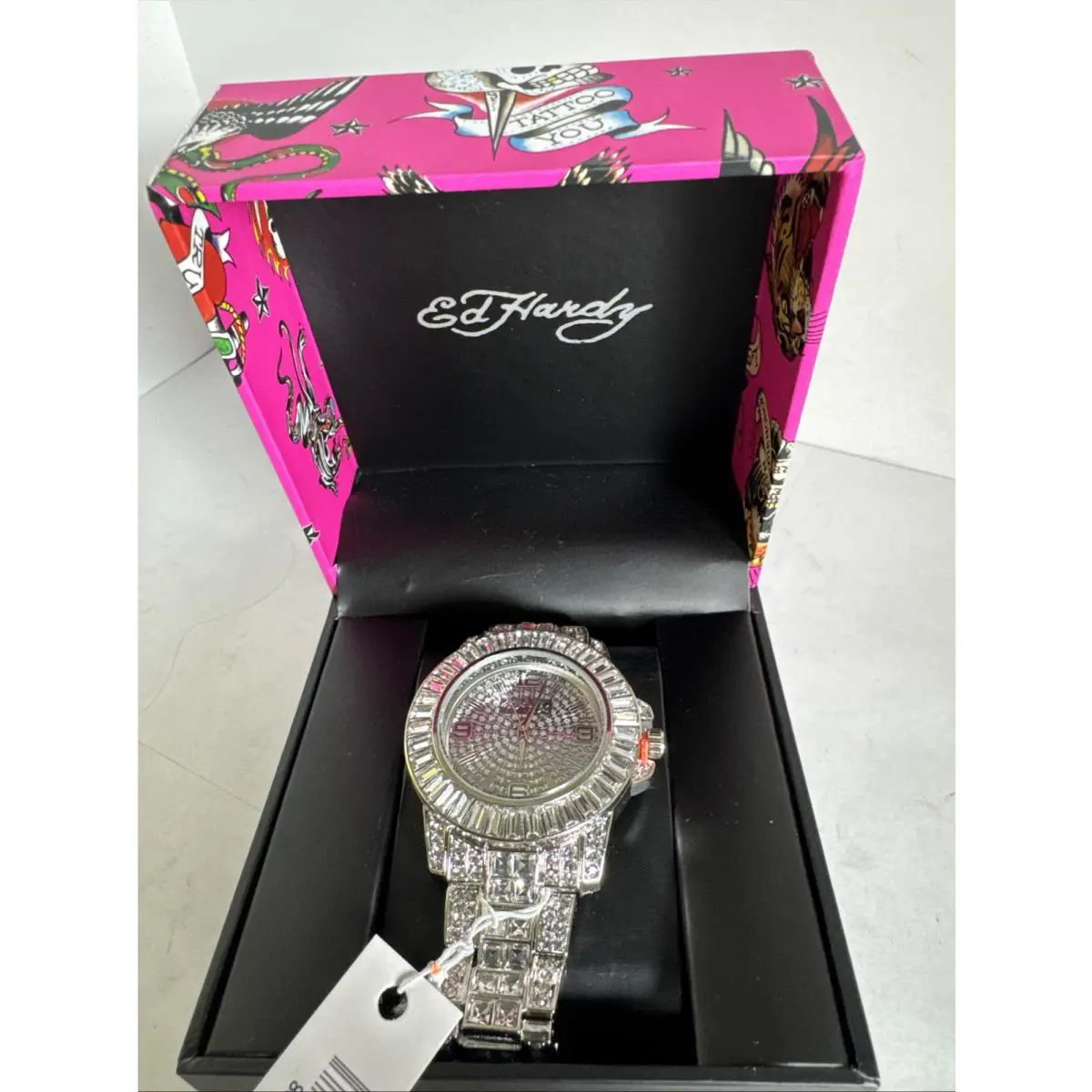 Ed Hardy Women`s Silver Tone Alloy Bracelet Watch with Multicolor Crystal Bezel