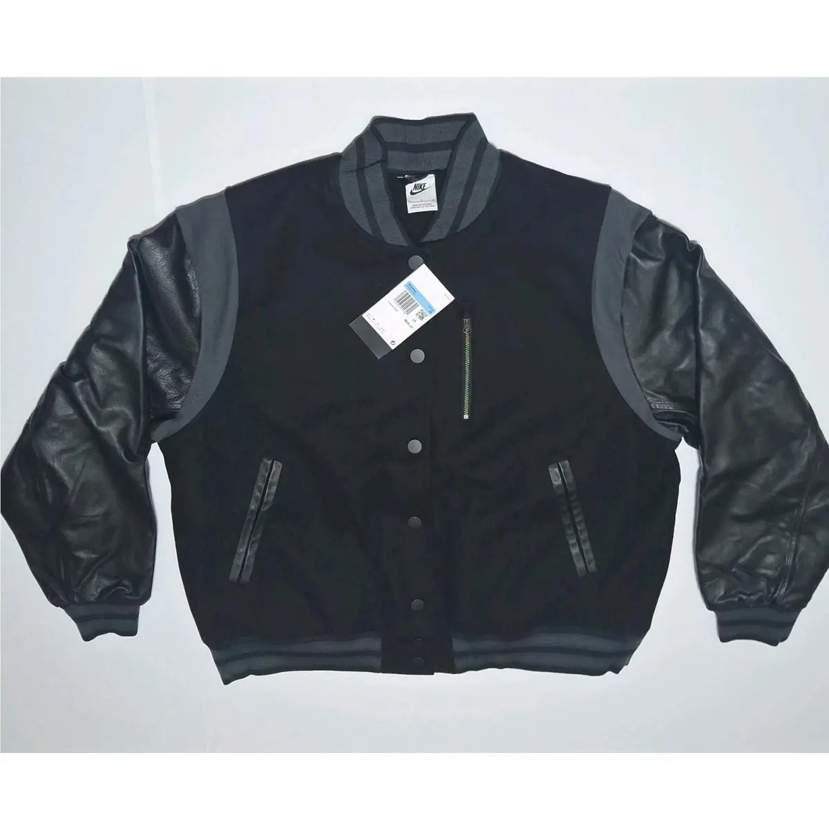 FN3672-010 Women`s M  OS Destroyer Wool and Leather Varsity Jacket Black by Nike