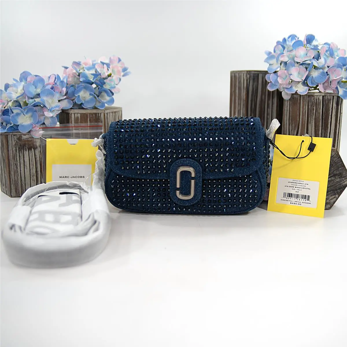 Marc Jacobs Dark Wash Denim Crystal J Link Clover Shoulder Bag