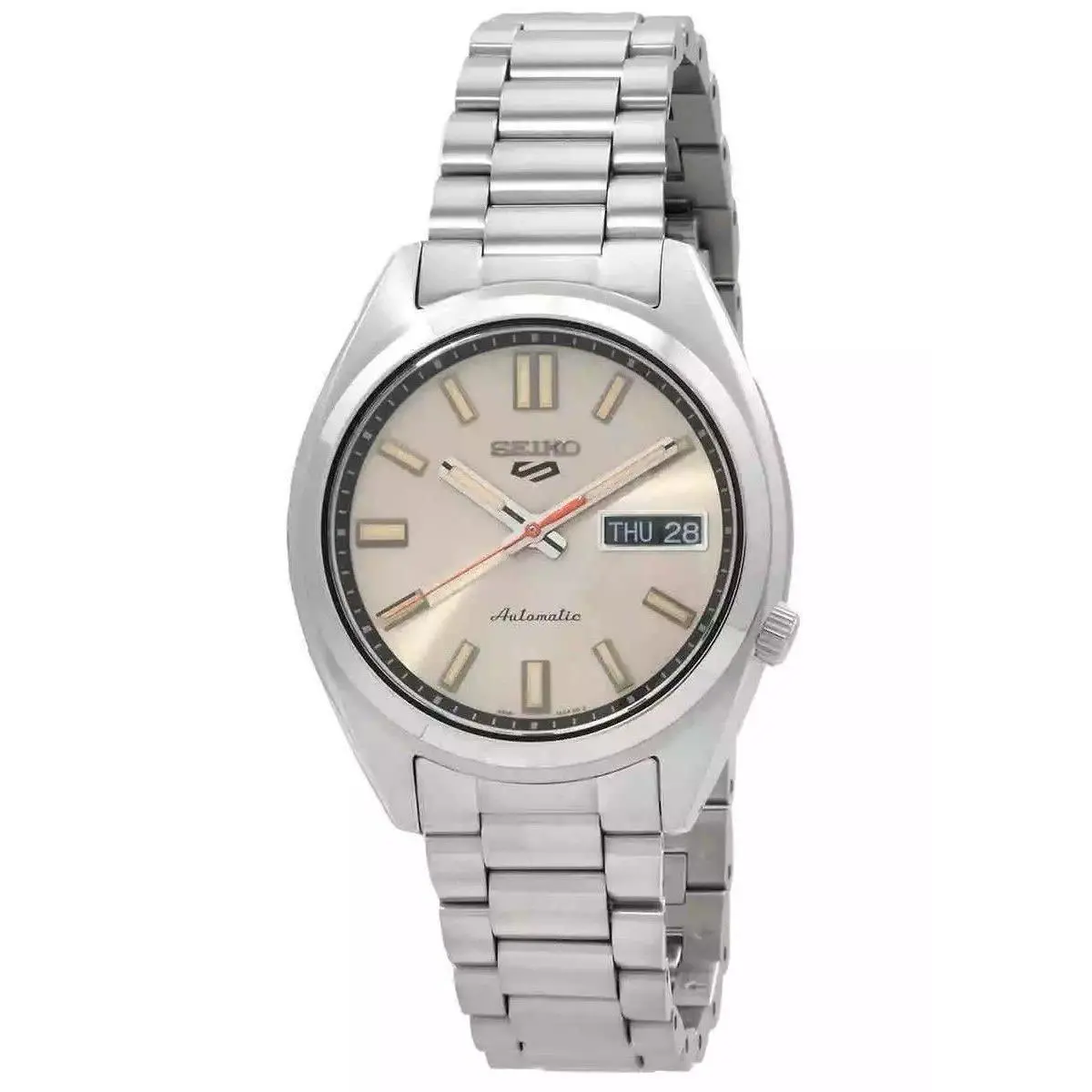 Seiko 5 Sports Snxs Series Beige Dial Automatic SRPK91K1 100M Analog Mens Watch - Dial: Beige, Band: Silver, Bezel: No Bezel