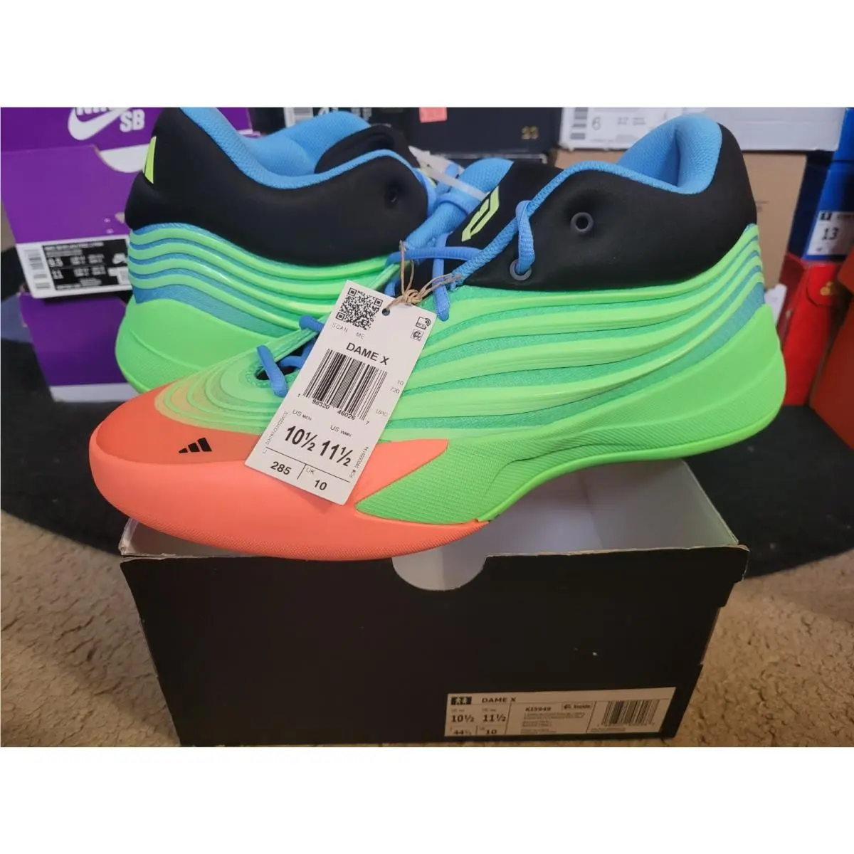 Adidas Dame X 10 Damian Lillard Blazers Lime Blue Burst Signal Coral Low KI5949