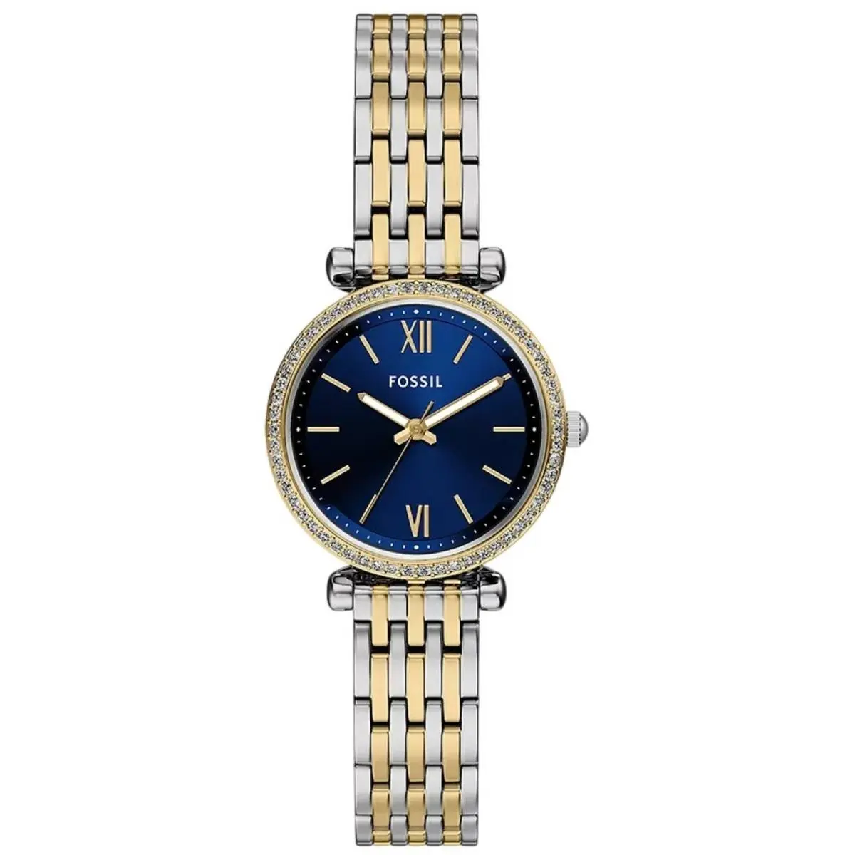 Fossil Women`s Watch Carlie Mini Quartz Blue Dial Two Tone Steel Bracelet ES5438 - Dial: Blue, Band: Silver, Yellow