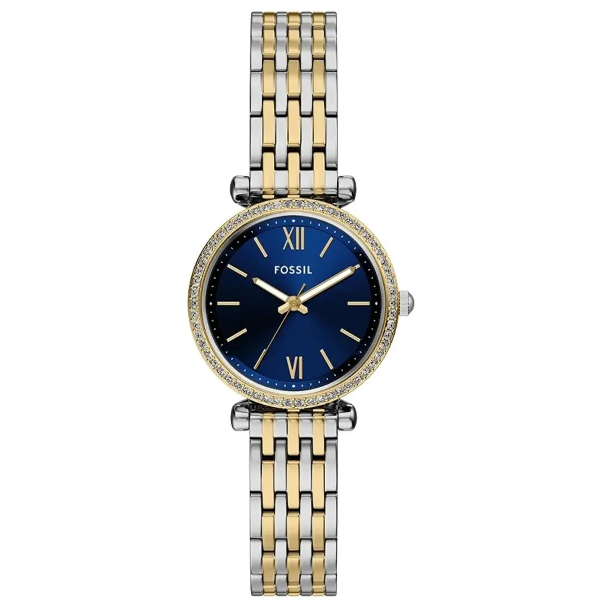 Fossil Women`s Watch Carlie Mini Quartz Blue Dial Two Tone Bracelet ES5438 - Dial: Blue, Band: Silver, Yellow