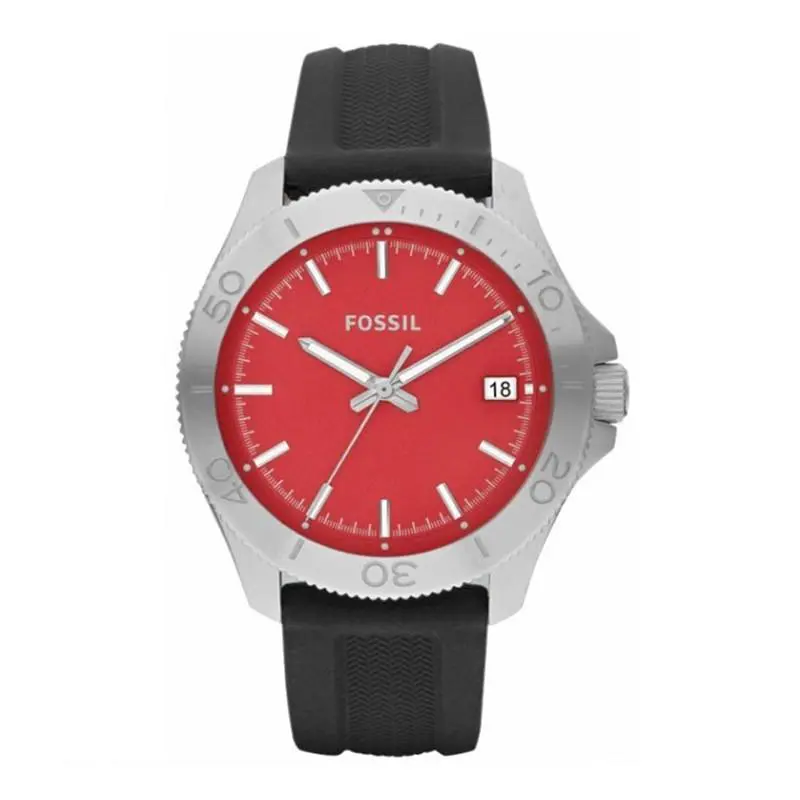 Fossil Men AM4445 Round Red Dial Silicone Black Band Sporty Watch