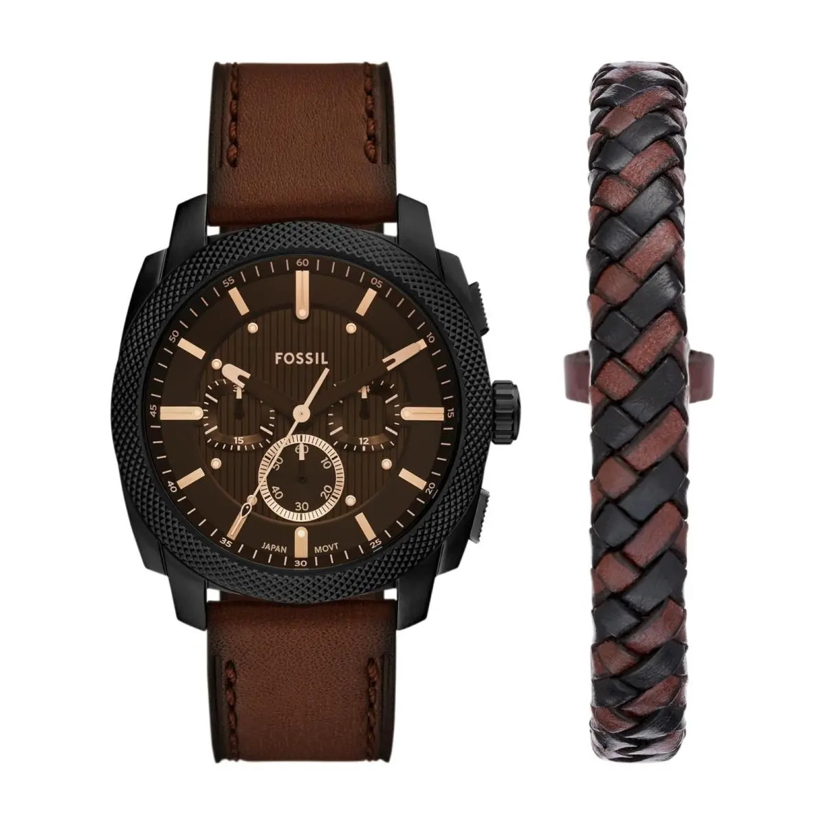 Fossil Men`s Watch and Bracelet Set 44MM Brown Leather/black Gift Set