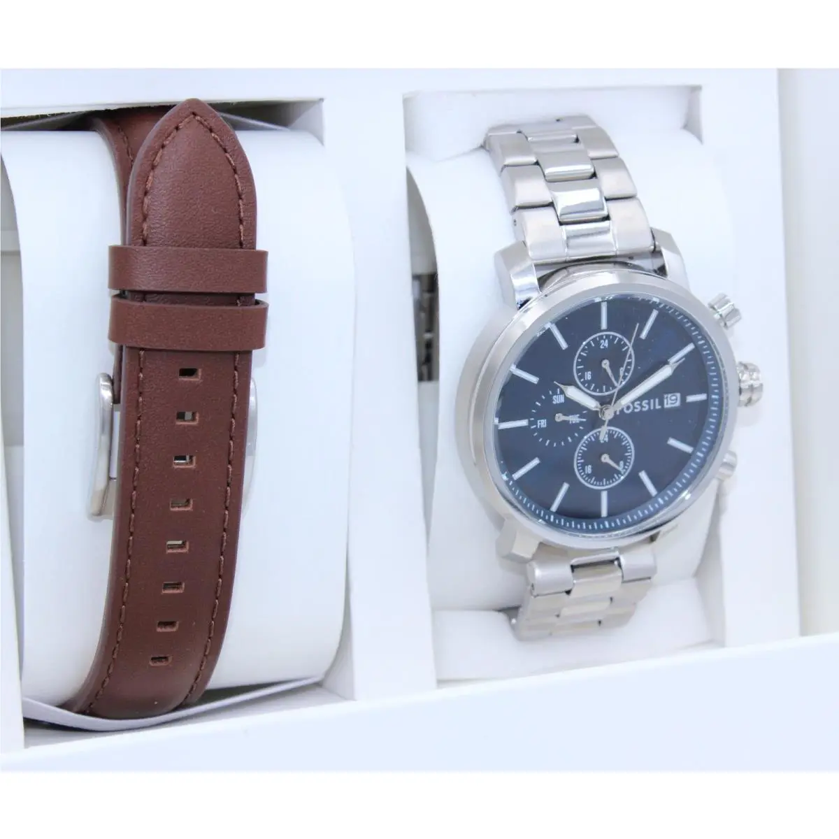 Fossil Rhett Chronograph Silver Blue Brown Men BQ2872SET Watch Set