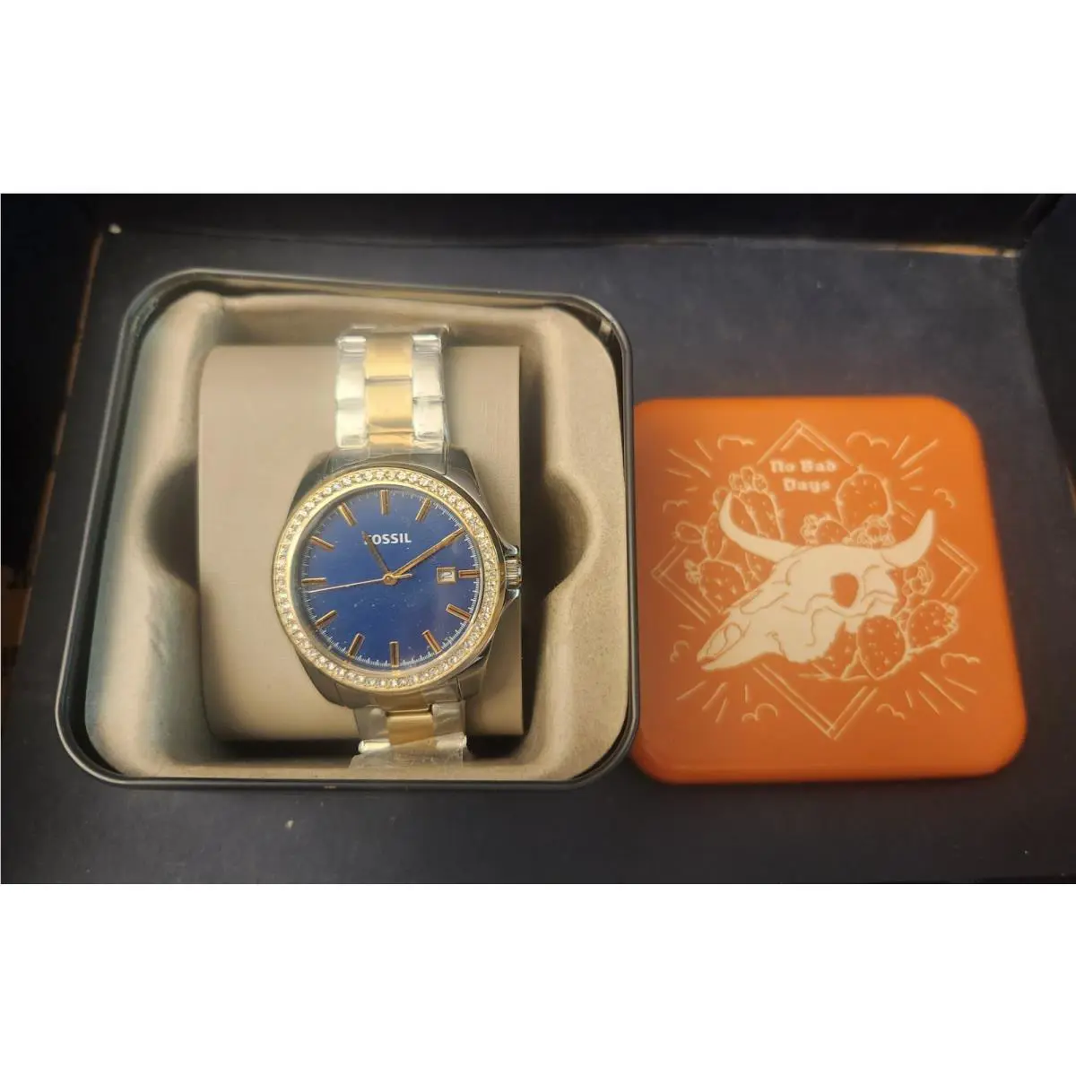 Fossil Women`s BQ3294 Two Tone Three Hand Date Blue Dial Watch Htf