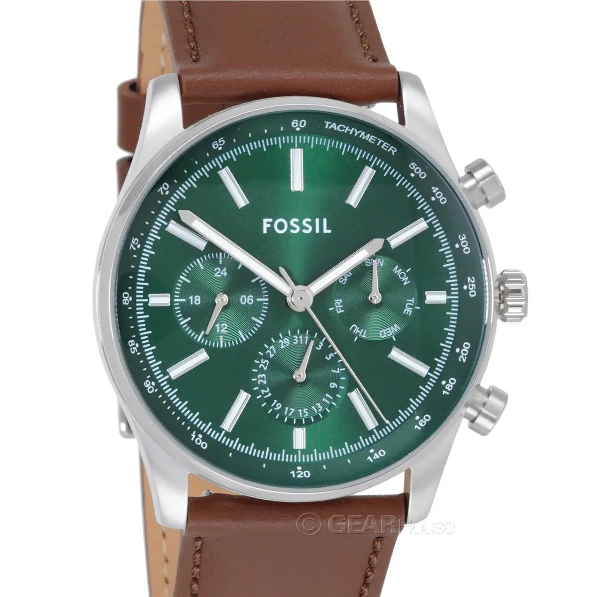 Fossil Sullivan Mens Multifunction Watch Green Dial Day Date Brown Leather Band