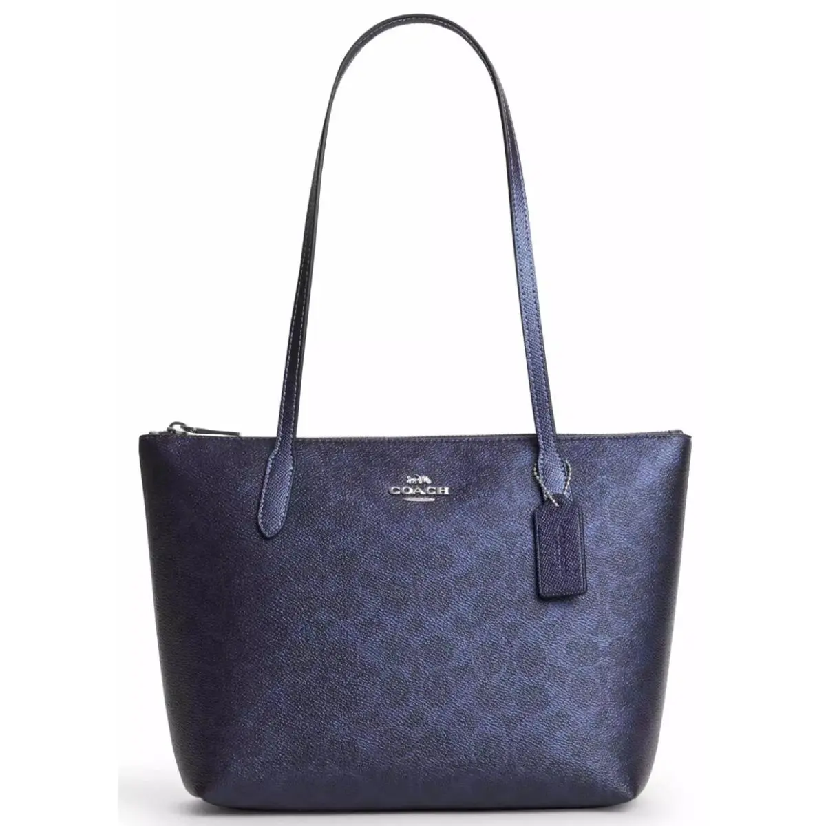 Coach Fiona Zip Top Tote Bag CW396 In Blue Navy Sig Canvas Metallic Leather