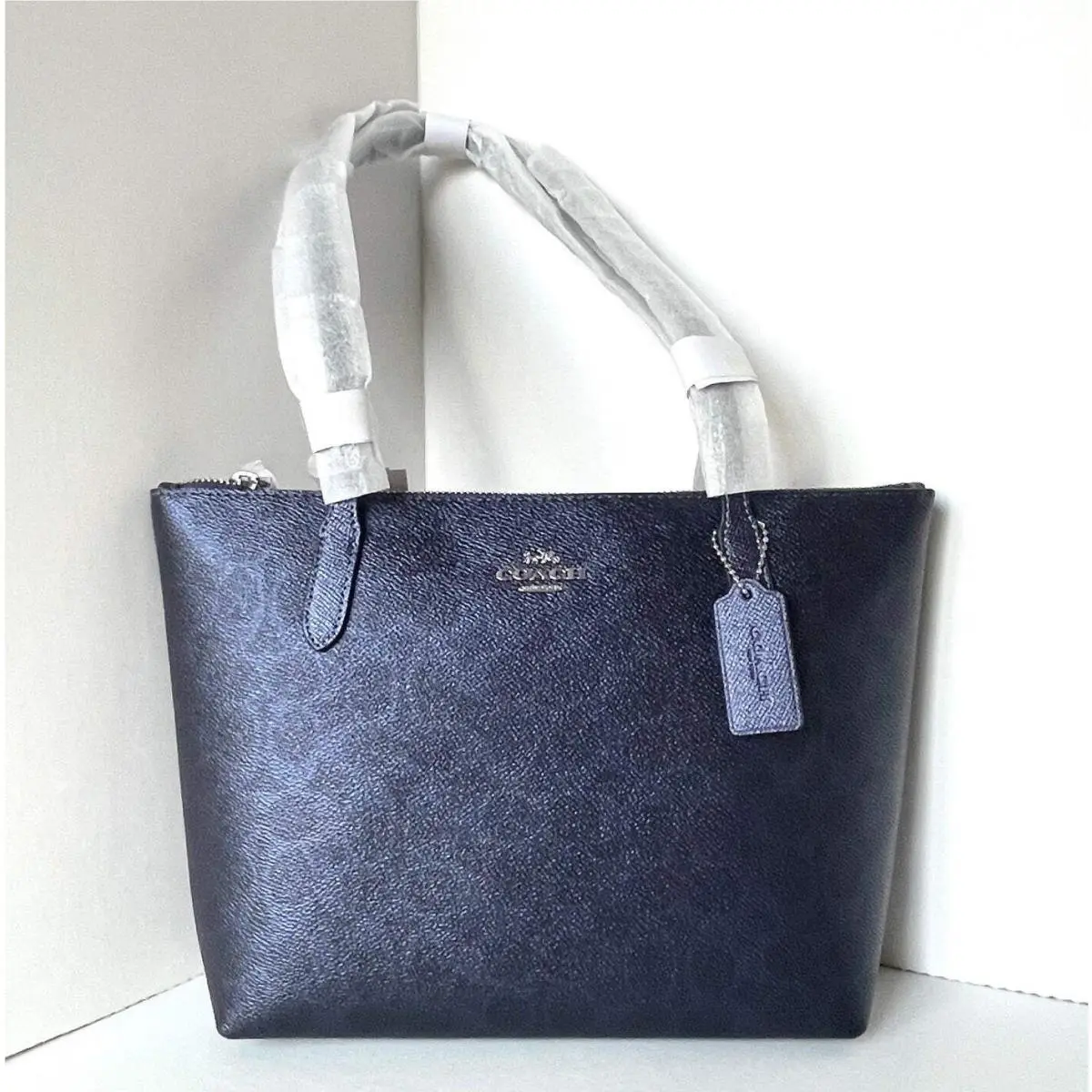 Coach Fiona Zip Top Tote Bag CW396 In Blue Navy Sig Canvas Metallic Leather