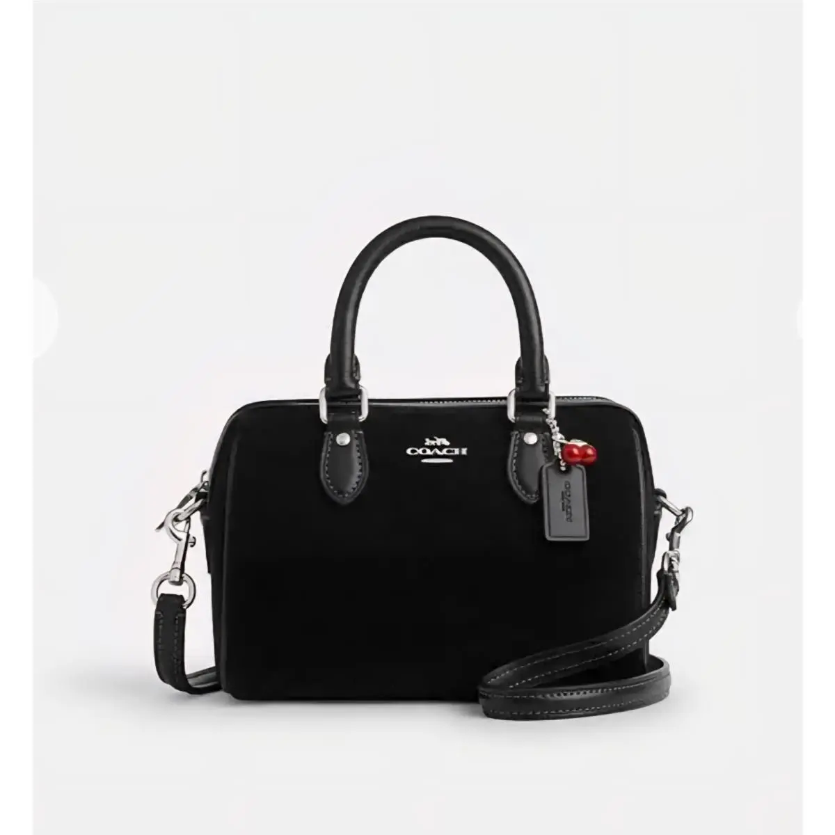 Coach Mini Rowan Crossbody Bag W/ Cherry Charm Black Suede Silver CDC93