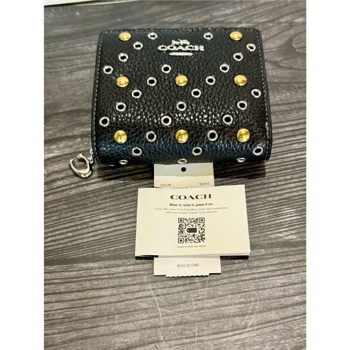 Coach Black Leather Snap Wallet C Charm ID Coin Pocket Rivets CCL78