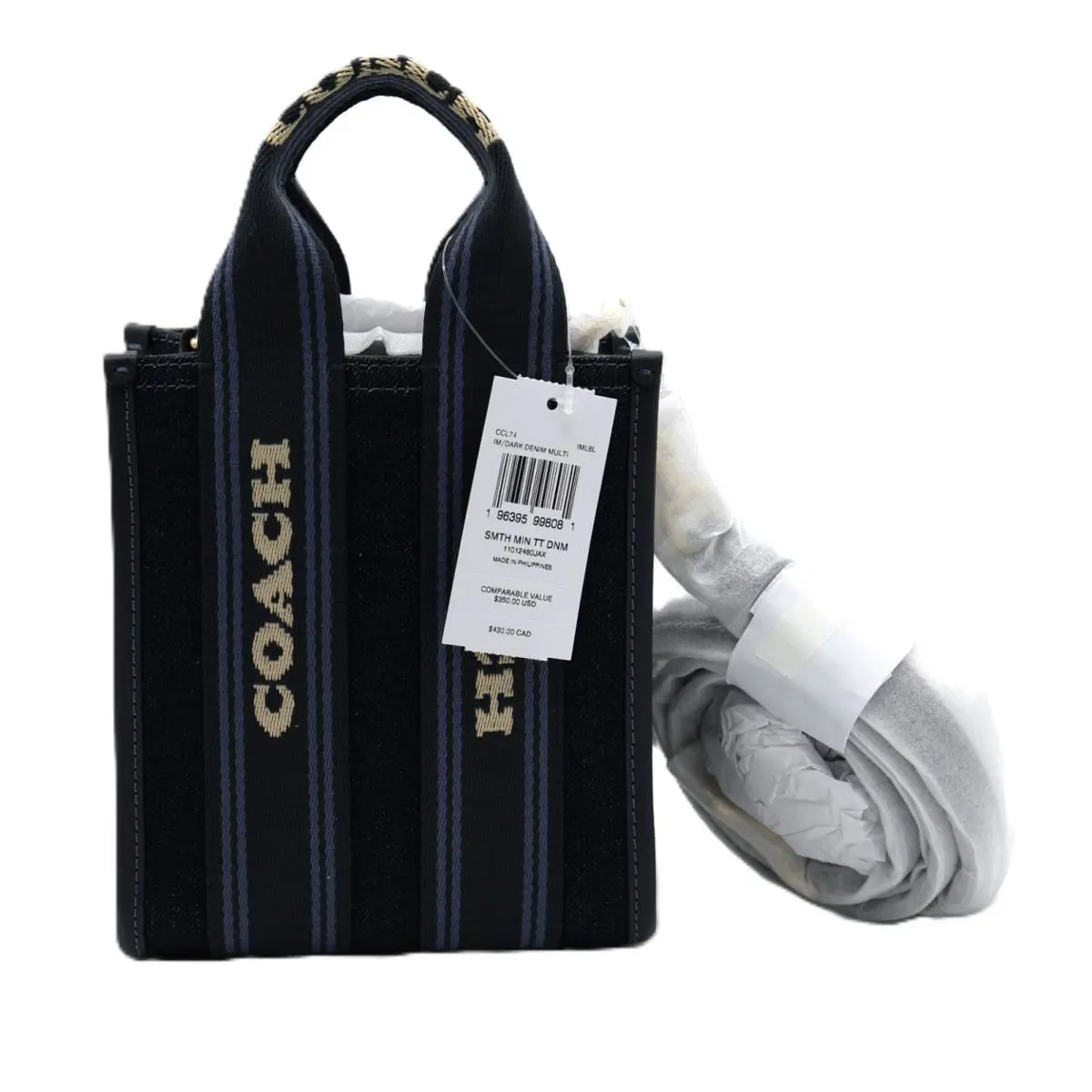 Coach Smith Mini Tote Bag in Signature Jacquard CCL74 Dark Denim - Handle/Strap: Brown, Exterior: Maple, Lining: Multicolor