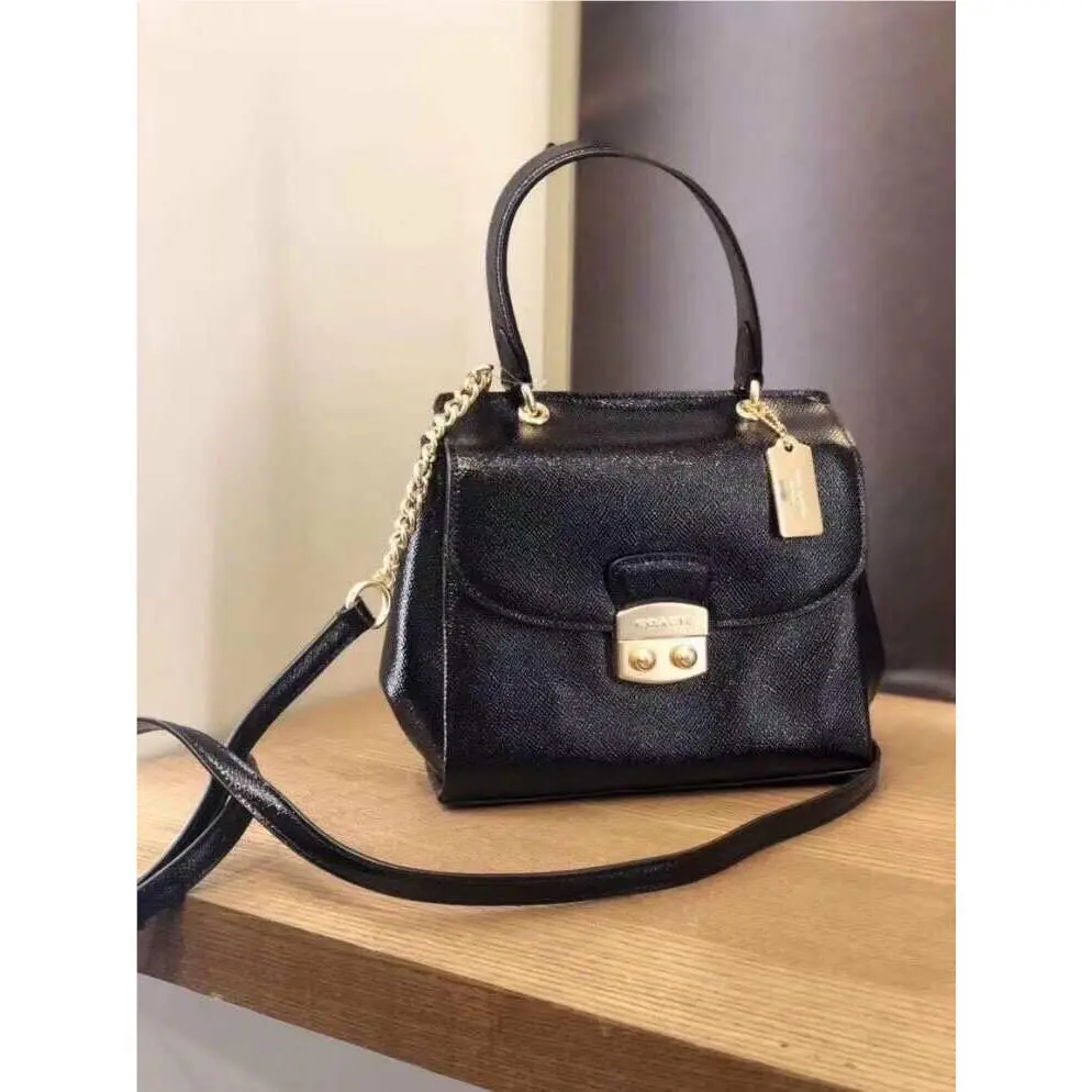 Coach Black Textured Leather Mini Satchel Crossbody with Gold Chain Flap Closure