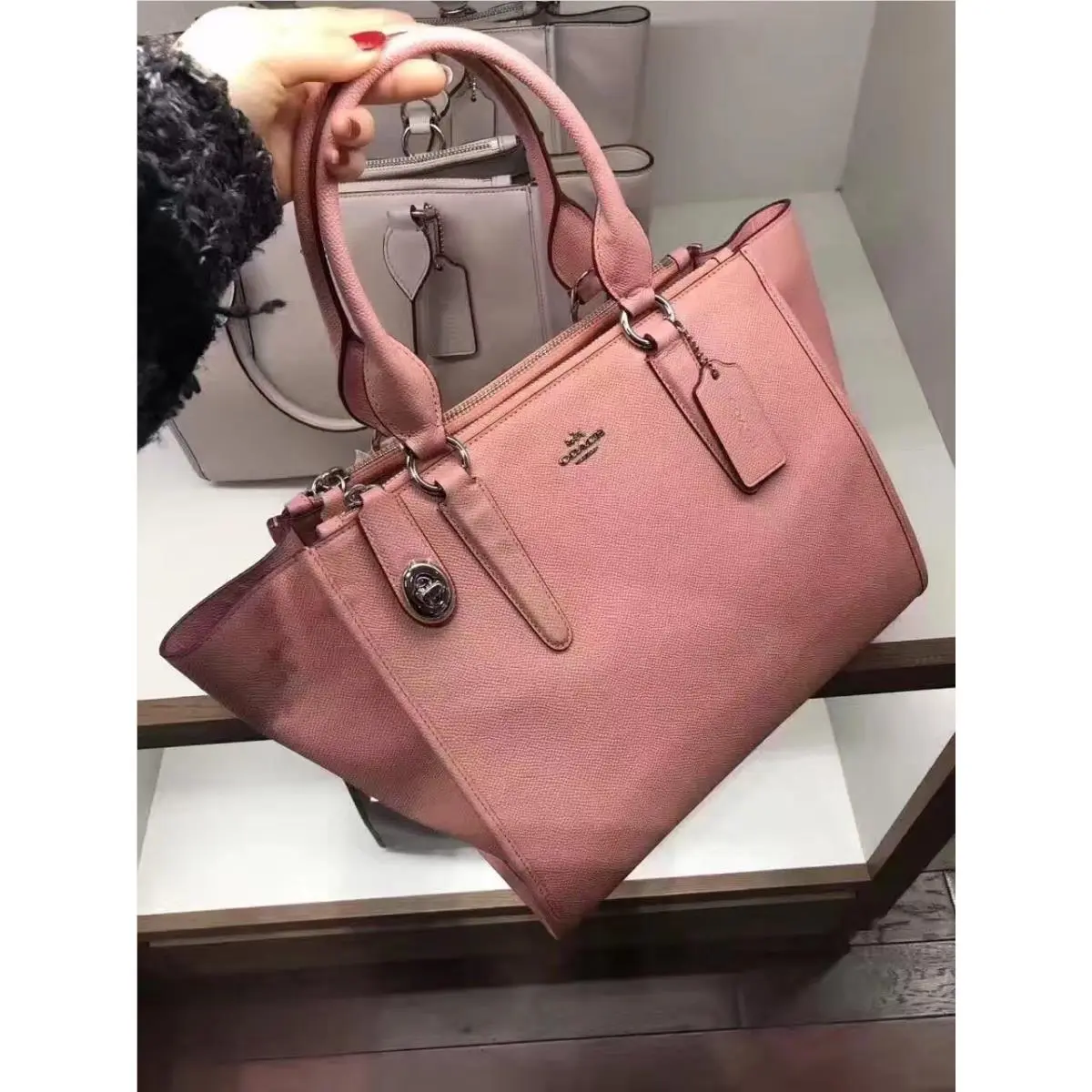 Coach Blush Pink Crossbody Tote Bag Crossgrain Leather Satchel Large Elegant