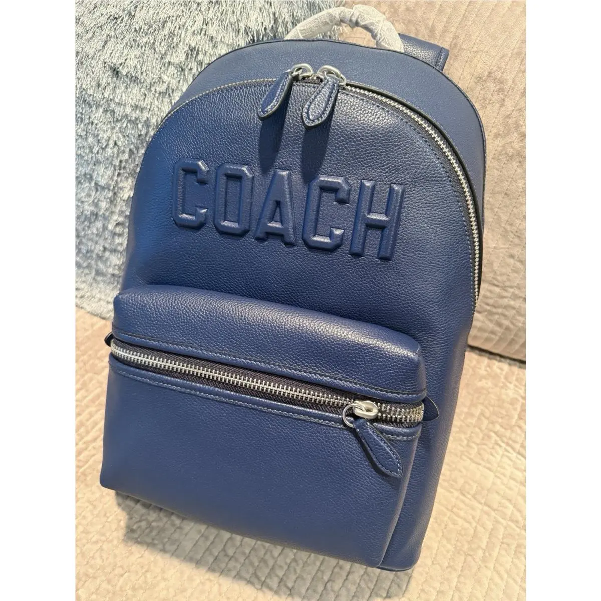 Mens Charter Backpack Large Deep Blue Leather  Graphic Laptop Bag by Coach