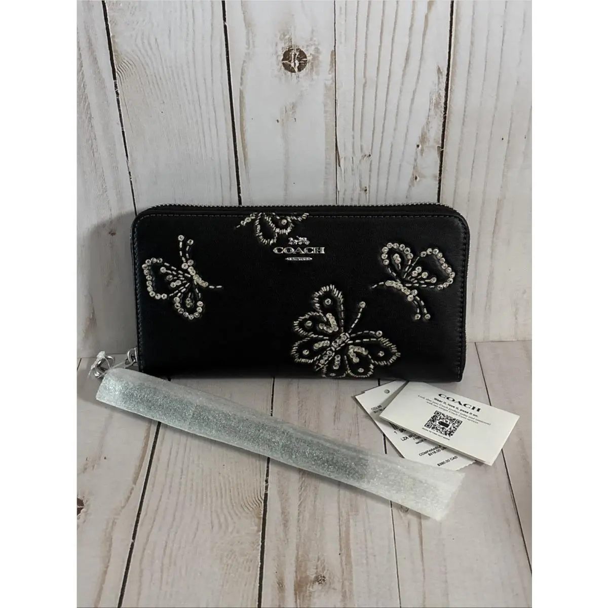 Long Zip Around Black Leather Wallet Silver with Butterfly Print CCL39 by Coach