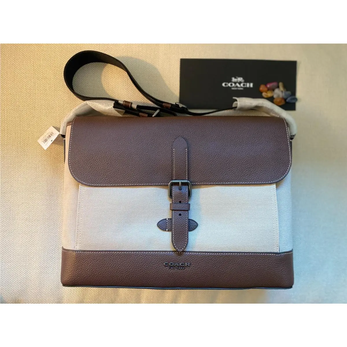 Coach Flap Hudson Messenger Bag Canvas Dark Teak Leather: Buckle Snap CH115