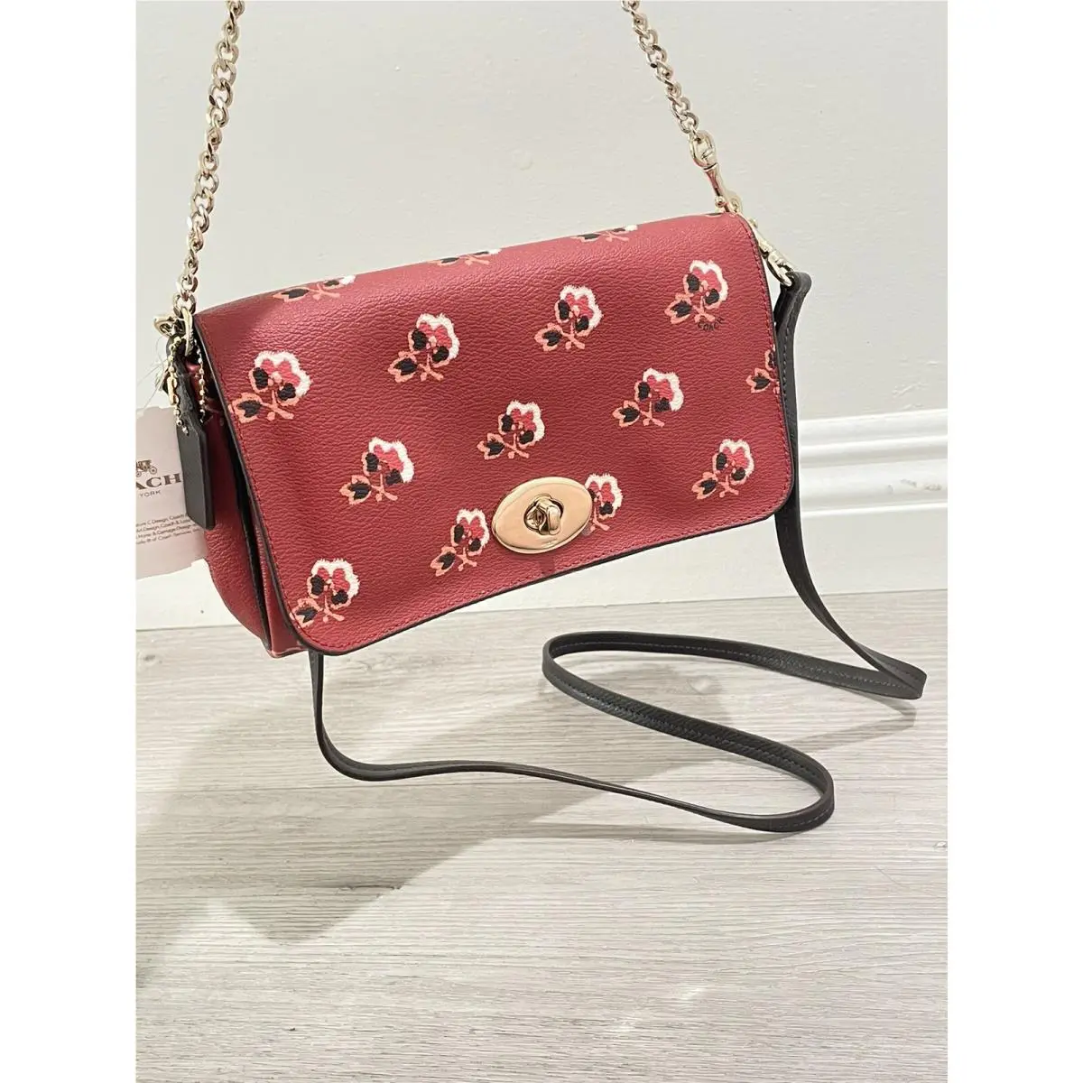 Coach Mini Red Floral Crossbody Bag with Chain Leather Straps Turnlock Flap