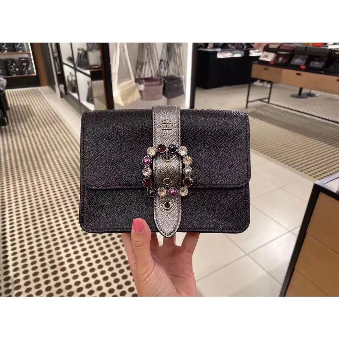 Coach Elegant Black Chain Bag with Jewel Buckle Compact Crossbody Purse