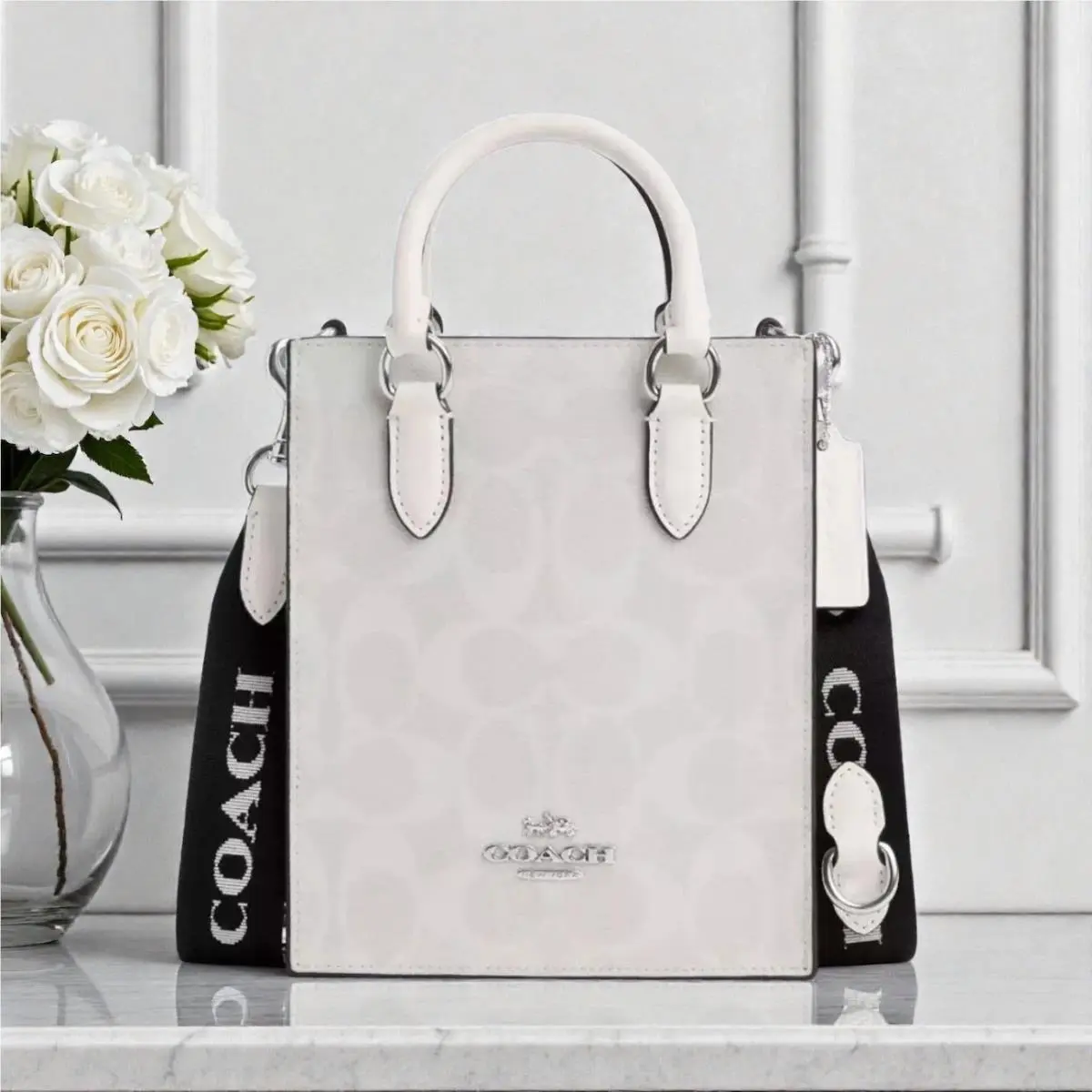 Coach North South Mini Tote Crossbody In Signature Canvas White CP011