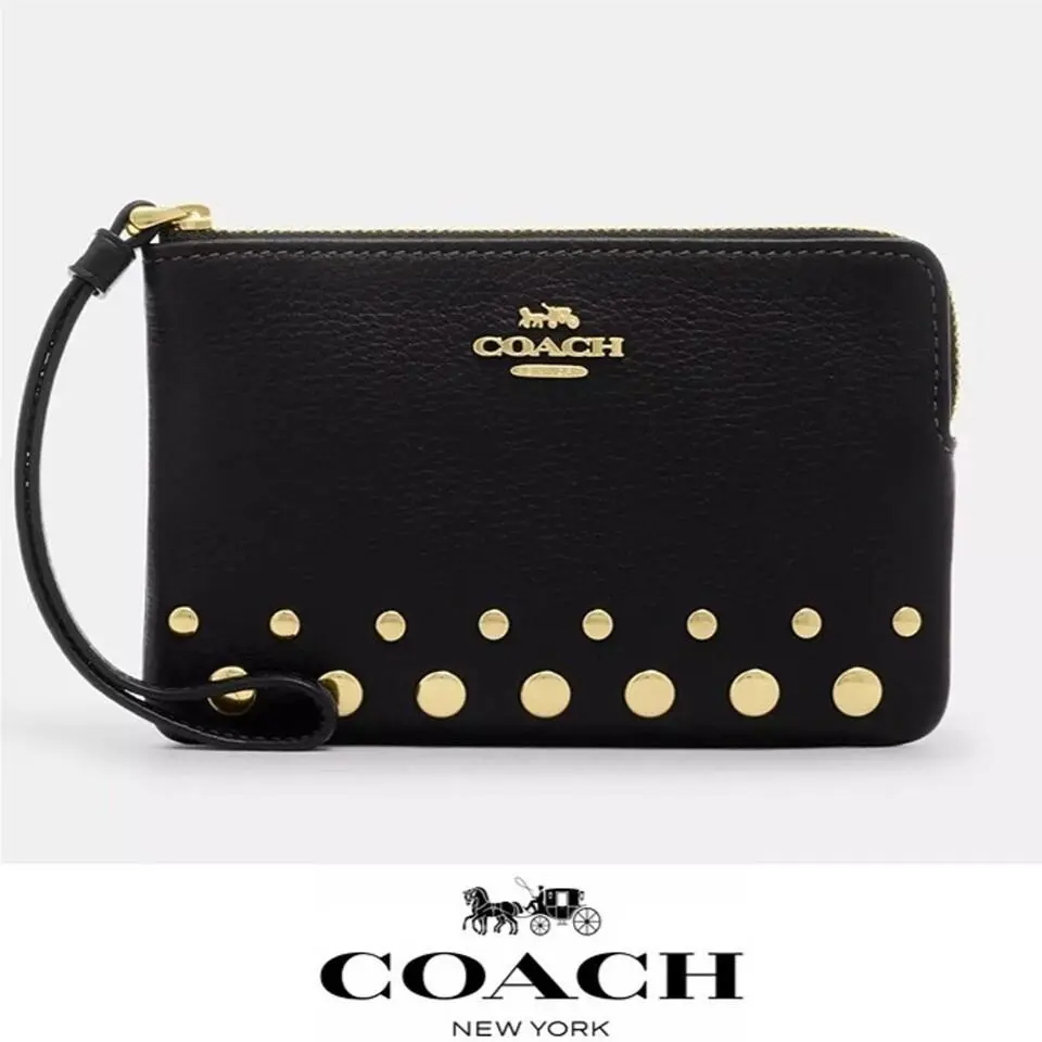 Coach Corner Zip Wristlet Black Pebbled Leather with Gold Rivets CAQ56
