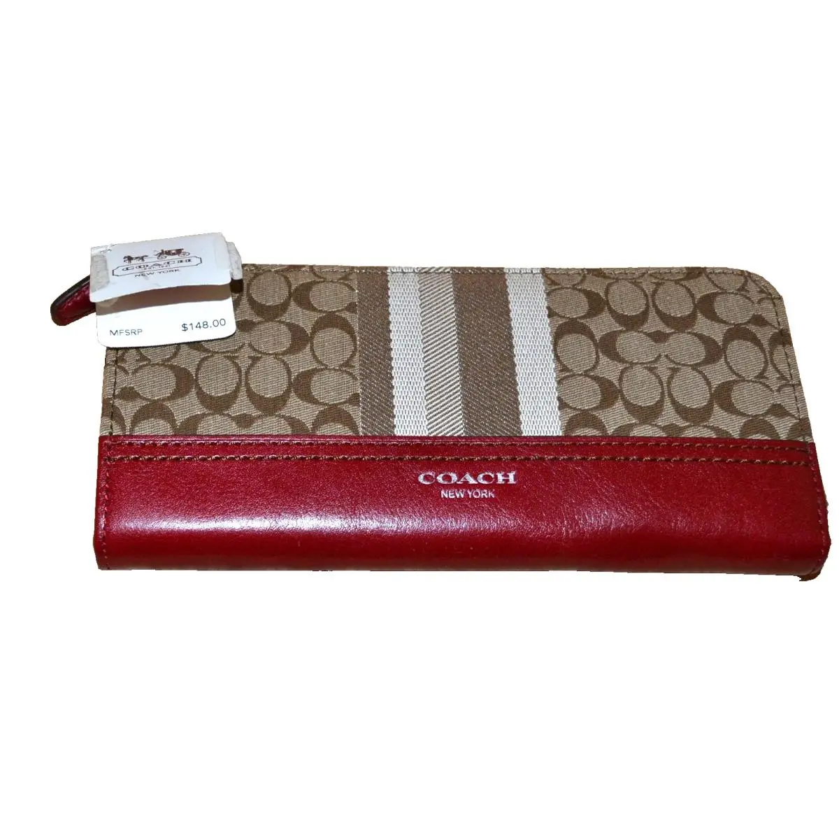Coach 48687 Signature C Leg Stripe Khaki/black Cherry Slim Wallet