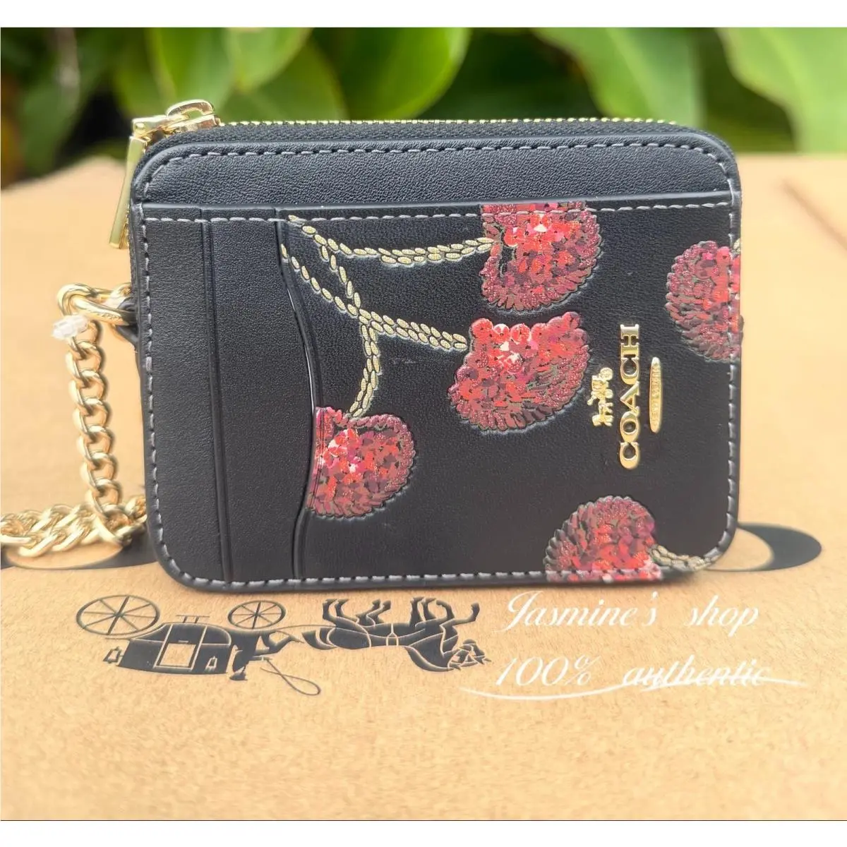 Coach CDF99 Zip Card Case Cherry Print Smooth Leather ID Wallet Gold Black