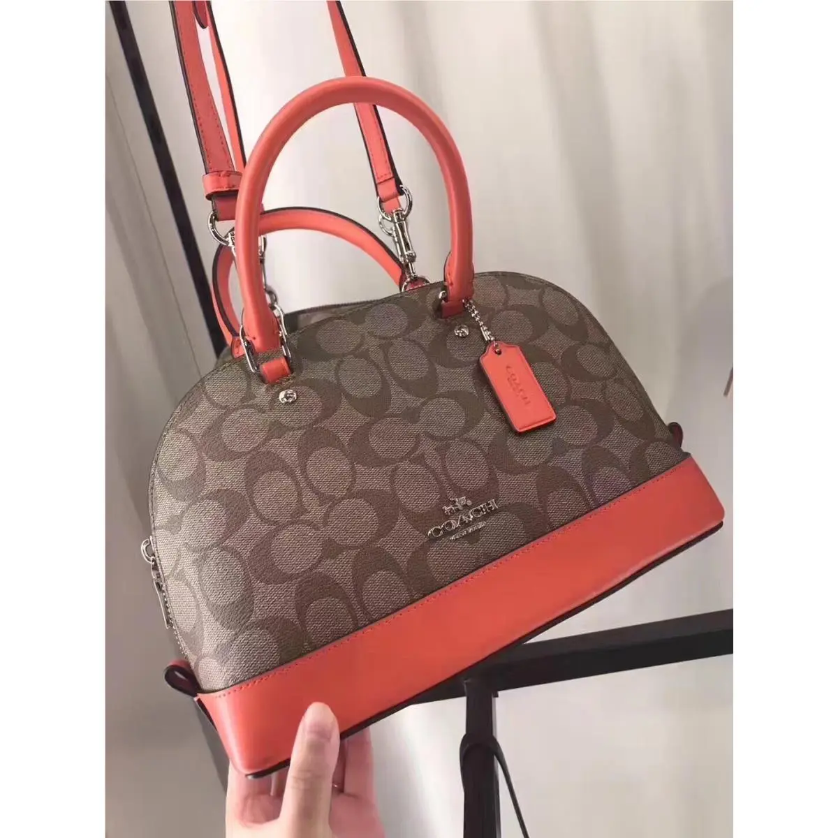 Coach Mini Dome Satchel Bag Signature Canvas Brown Orange Trim Zip Crossbody Purse