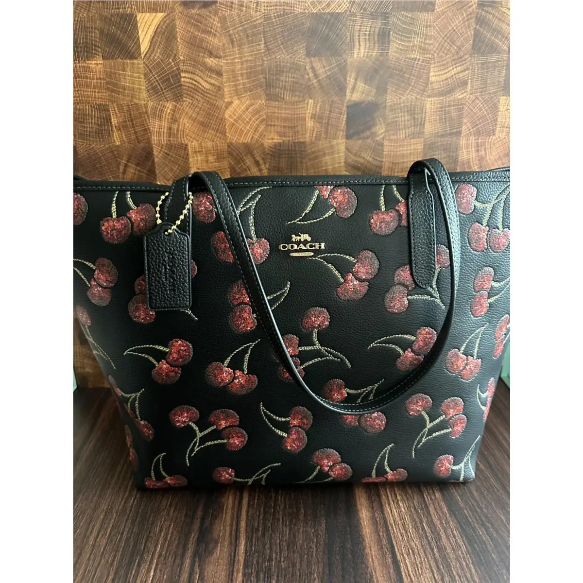 Coach City Tote Bag with Cherry Print CCZ18 Gold/black Multi