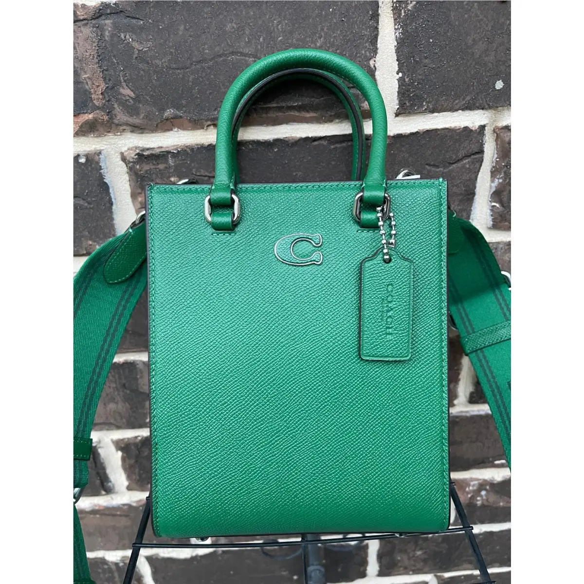 Coach Logo 2 Straps Leather Silver Tone Crossbody Satchel Green CJ795