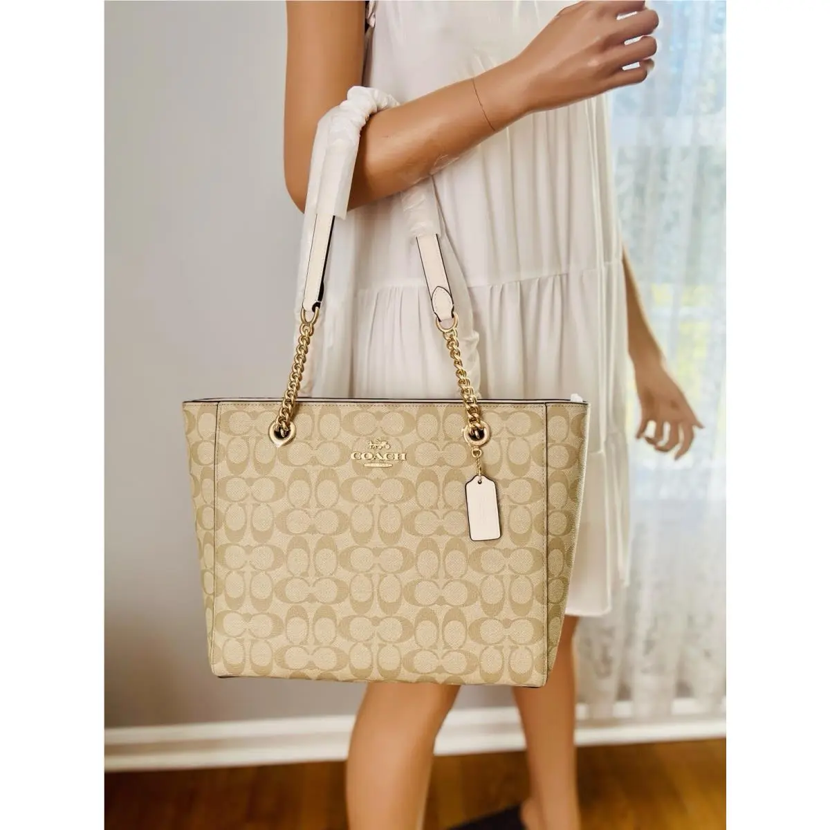 Coach Signature Marlie Tote Chain Shoulder Bag Purse Light Khaki Chalk