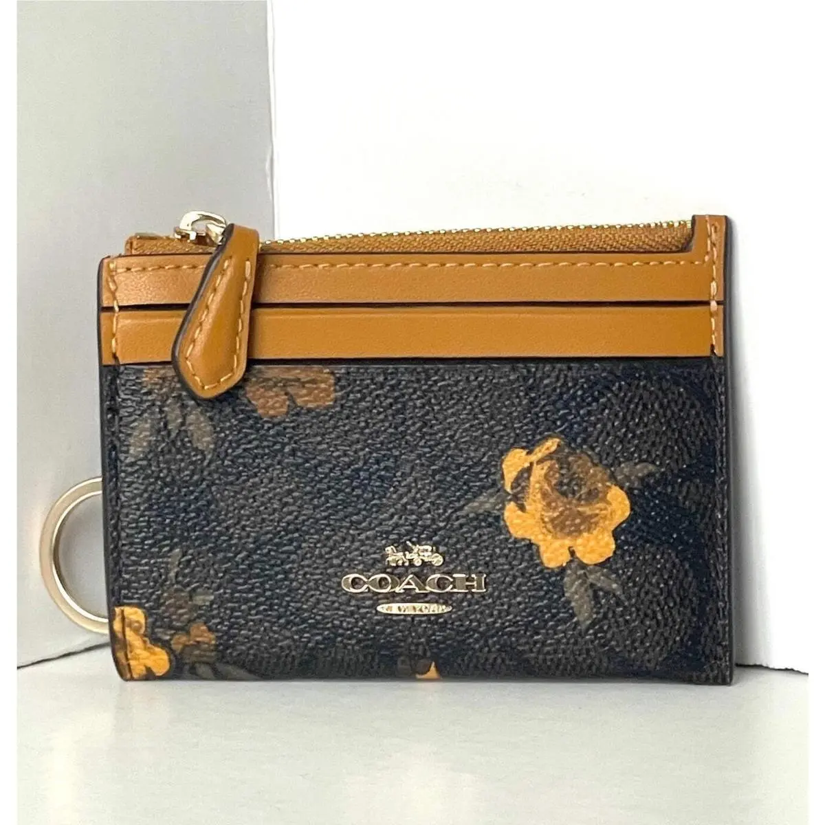 Coach Mini Skinny ID Wallet Signature Canvas Floral Print CCV88 Brown Walnut
