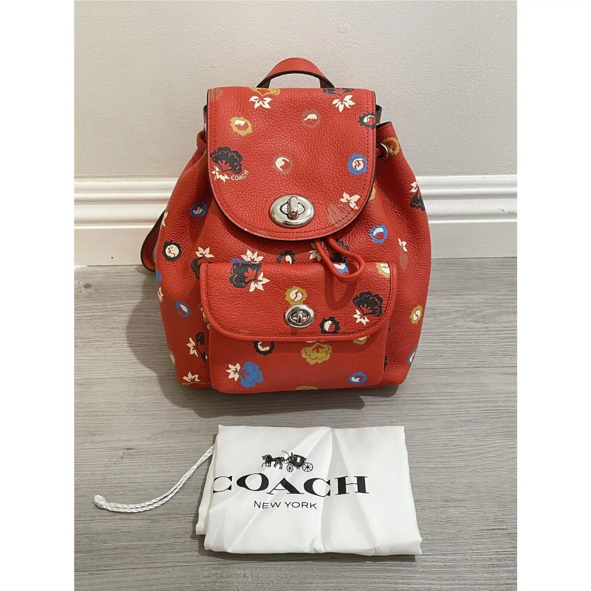 Coach Mini Red Leather Backpack Turnlock Flap Floral Print Rucksack Bag Purse