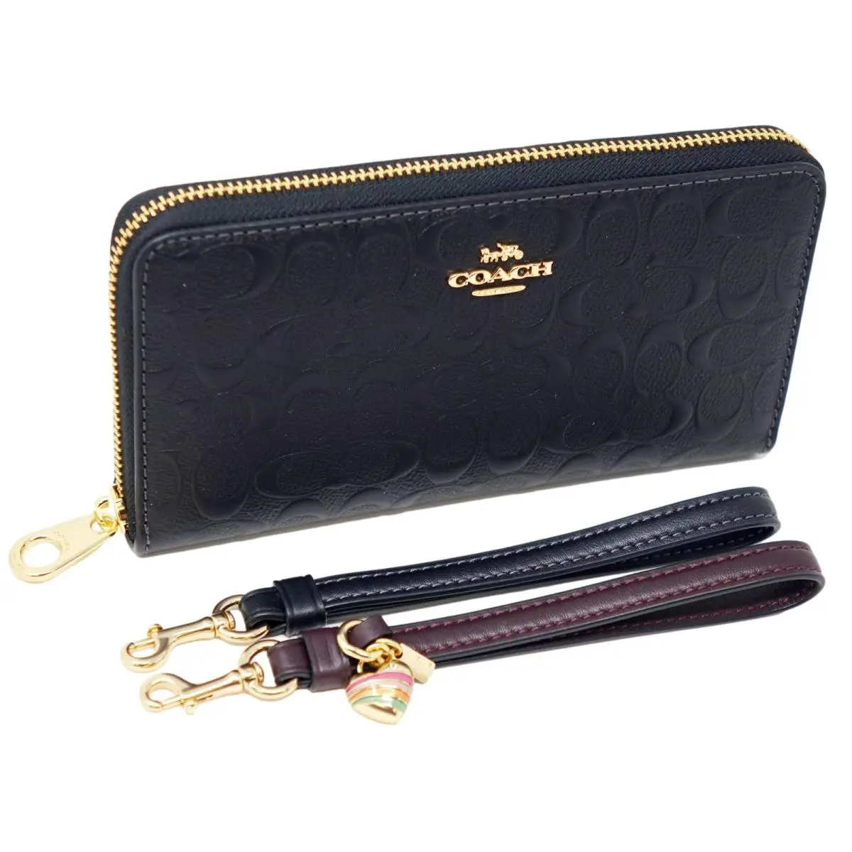 Coach Black Signature Zip Around Wallet Clutch Bag Gift Box Red Ribbon