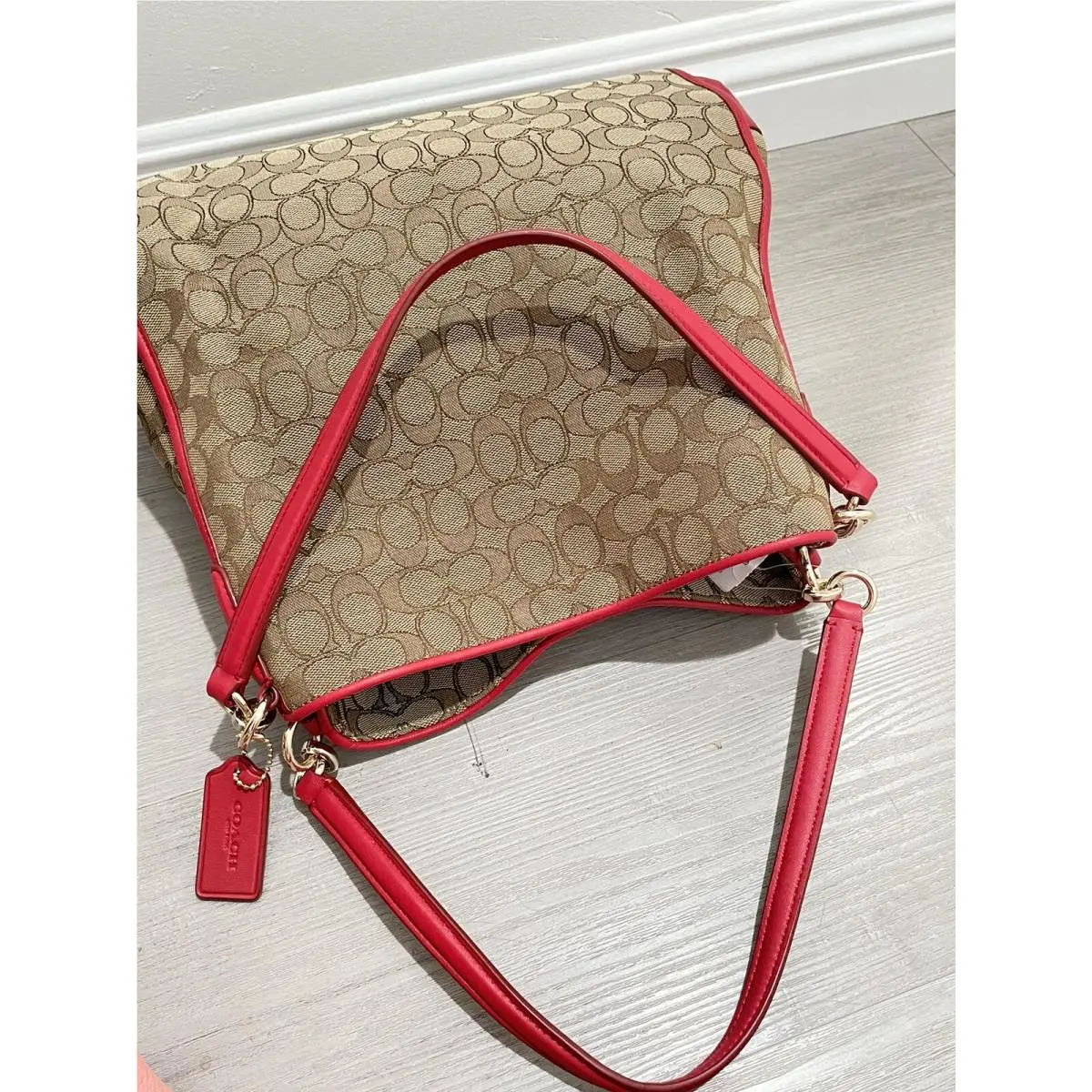 Signature Canvas Shoulder Tote Red Trim Dual Strap Zipper Hobo Bag Work Purse by Coach