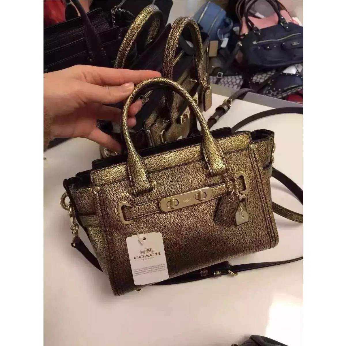 Coach Mini Metallic Gold Pebble Leather Satchel – Structured Turnlock Zip Bag