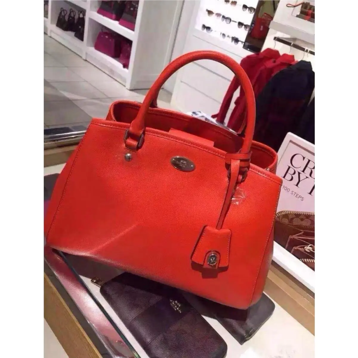 Coach Structured Pebbled Leather Satchel Tote with Strap Orange Red Work Shoulder Bag