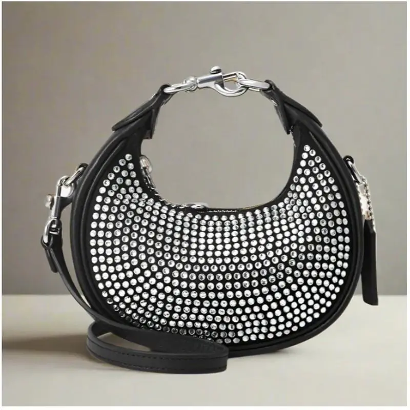 CW574 Jonie Mini Crescent Crossbody Bag Black Leather Crystal Beaded by Coach