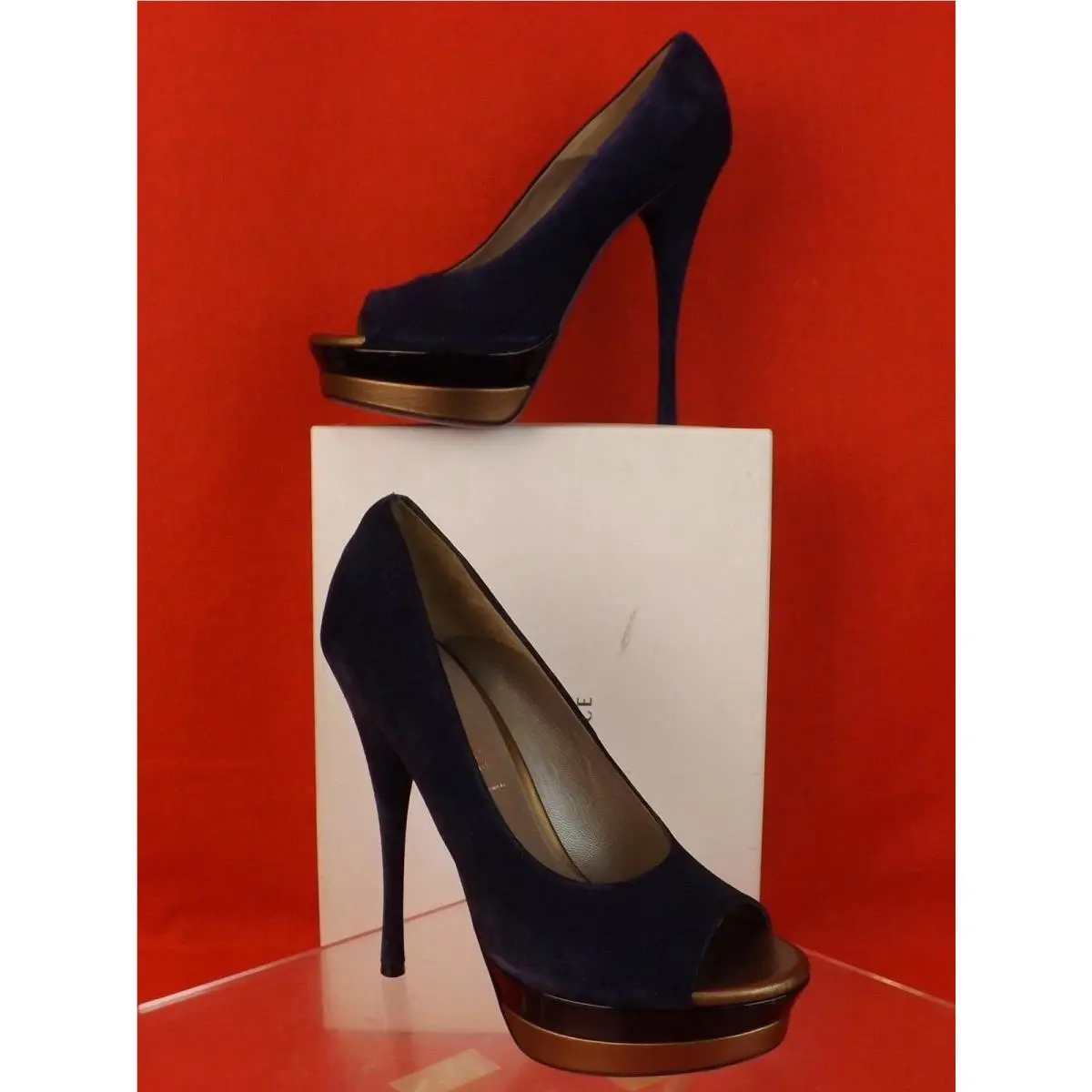 Purple Suede Black Patent Bronze Double Platform Pumps 40 Italy by Versace