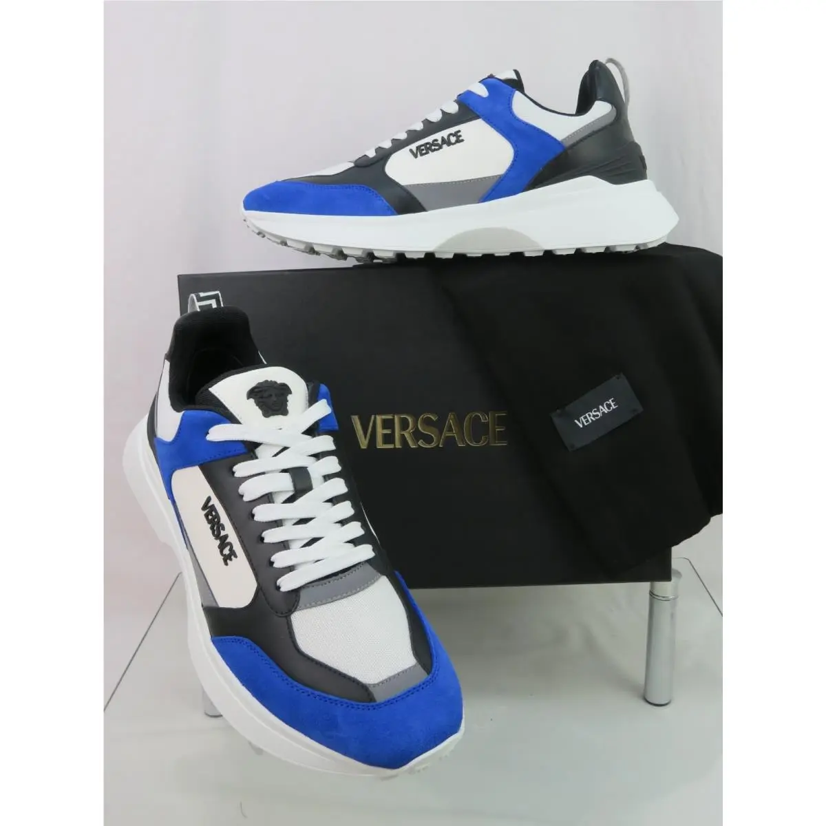 Blue White Leather Medusa Head Low Top Platform Sneakers 44 11 Italy by Versace