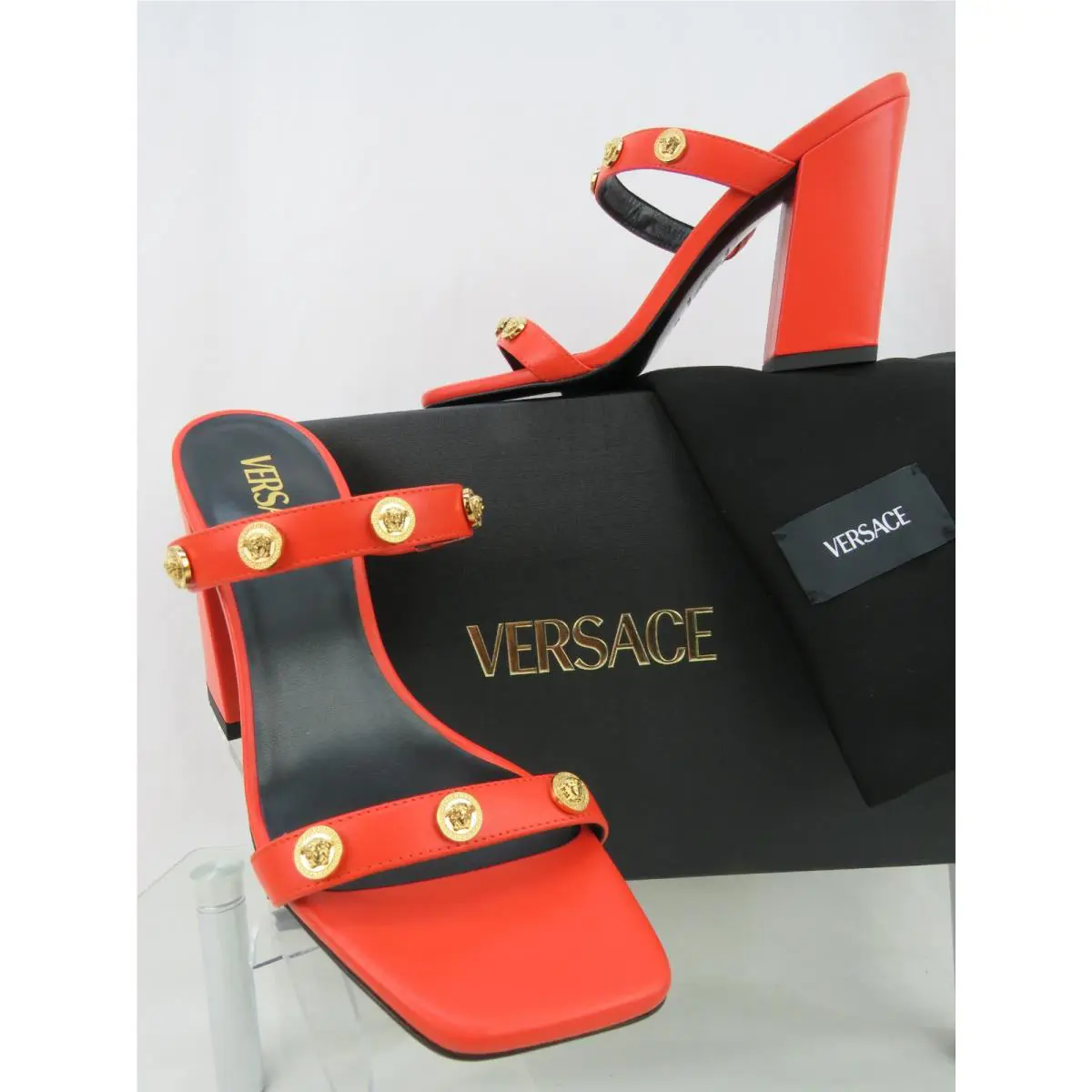 Coral Orange Leather Gold Medusa Logo Studs Sandals Mule Pumps 37 7 by Versace